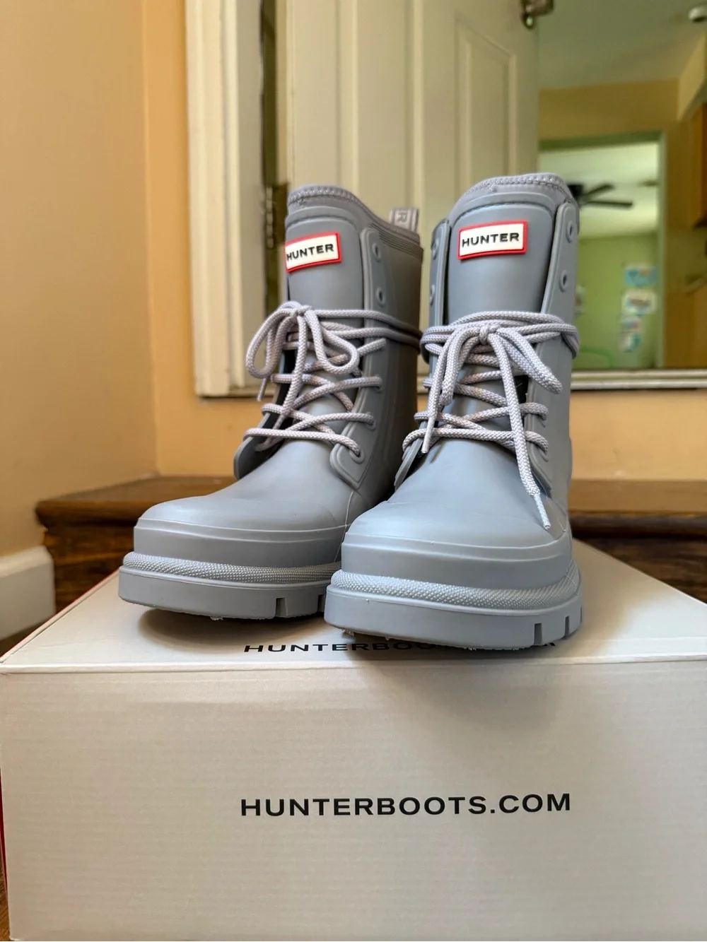 Hunter Light Grey Lace-Up Waterproof Boots with Logo Patch